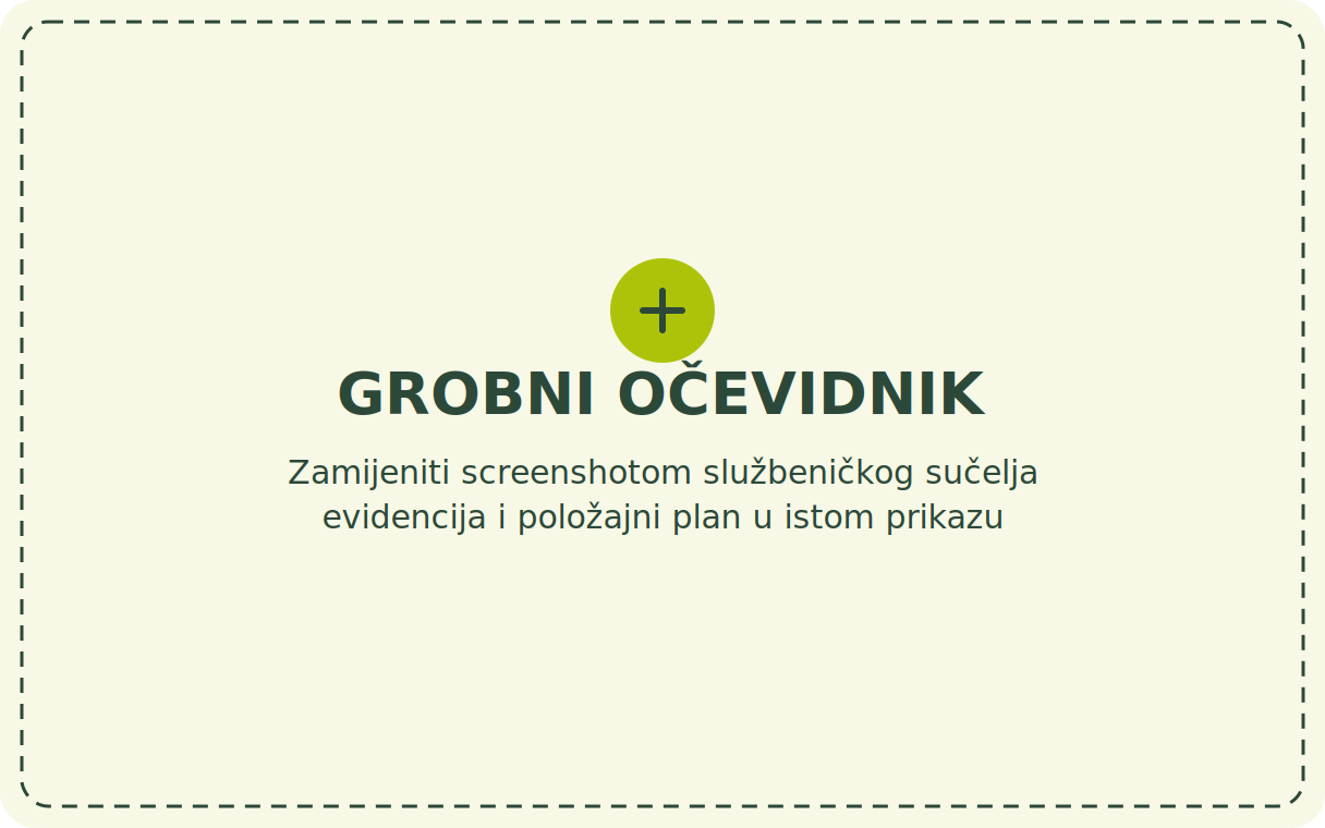 ZAMIJENITI: stvarni screenshot službeničkog sučelja grobnog očevidnika s evidencijom i položajnim planom u istom prikazu.